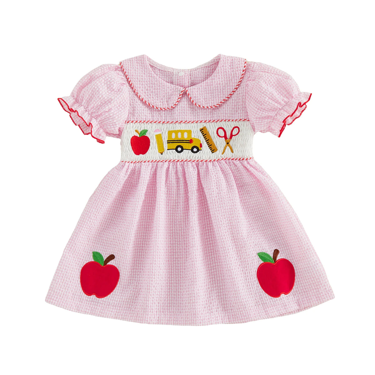 Girls Back to School Dress with Cute Apple Embroidery and Doll Collar Short Sleeve Toddler Summer Dress for Casual Wear
