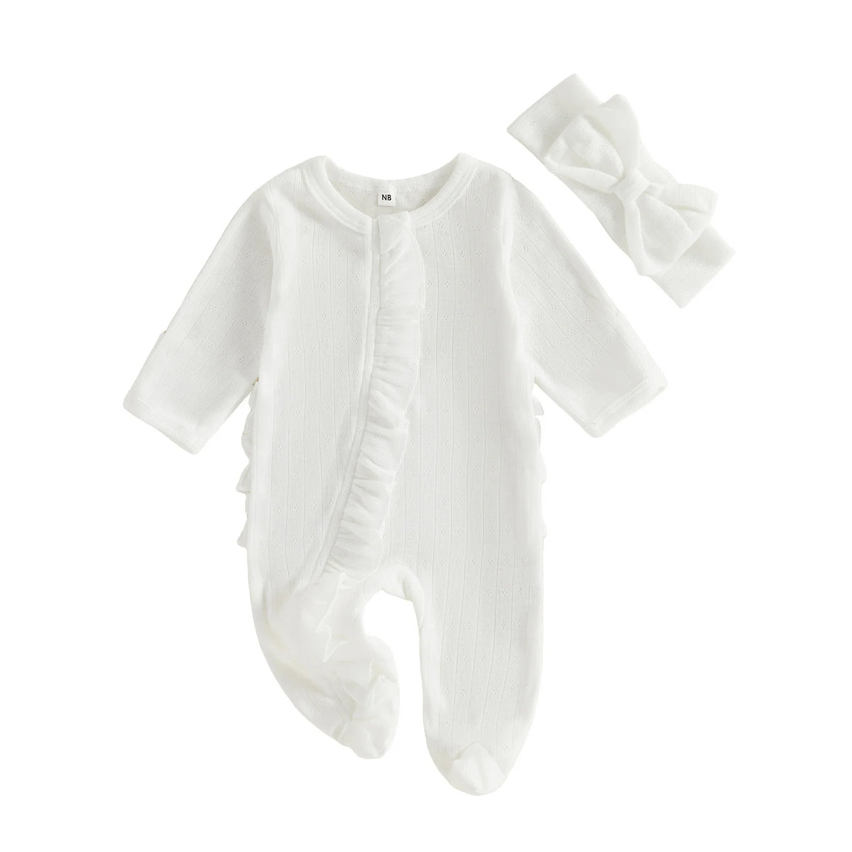 Girl-Footie-Pajamas Romper Pajamas Eyelet Ruffled Baby Girl Footie Ruffled Long Eyelet-Ruffled Sleeve Romper Headband Long