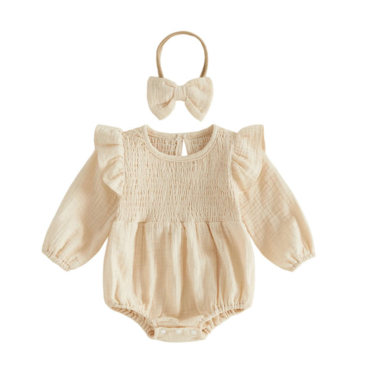 Crew Neck Romper Long Sleeve Crew Infant-Girl-Outfit Outfit Set Pcs Romper  Headband 2 Pcs Infant