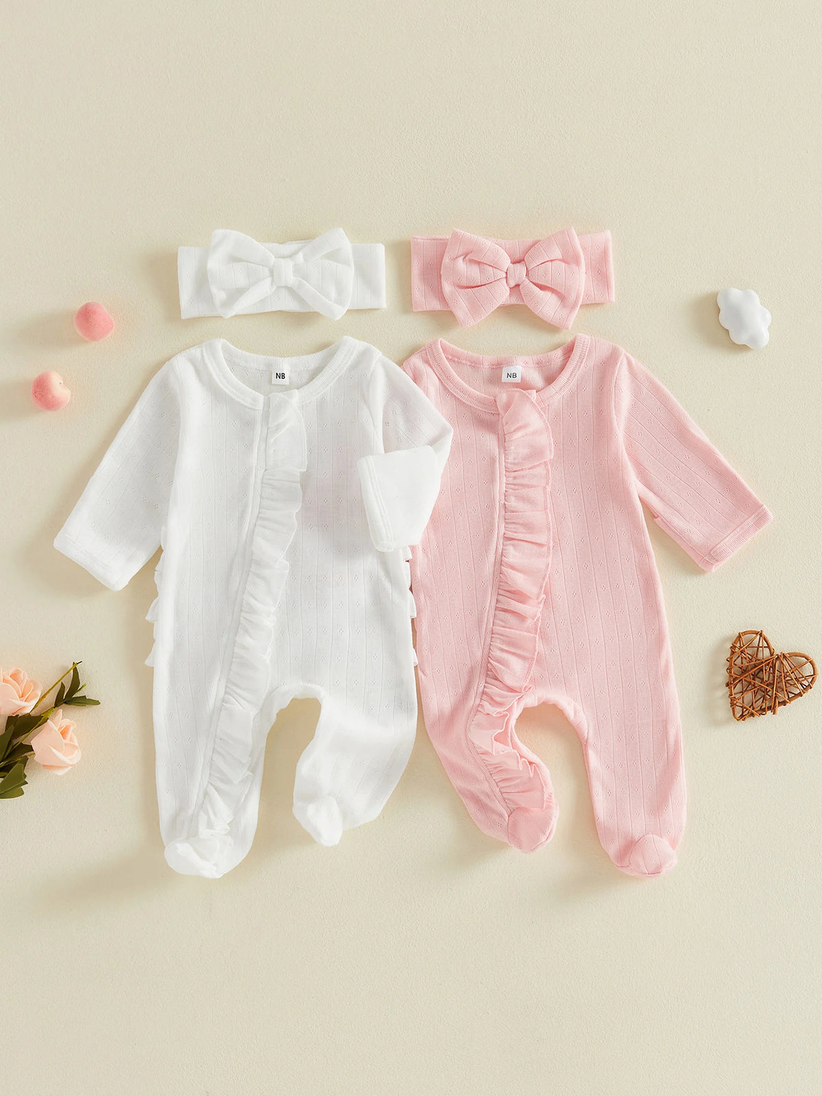 Girl-Footie-Pajamas Romper Pajamas Eyelet Ruffled Baby Girl Footie Ruffled Long Eyelet-Ruffled Sleeve Romper Headband Long
