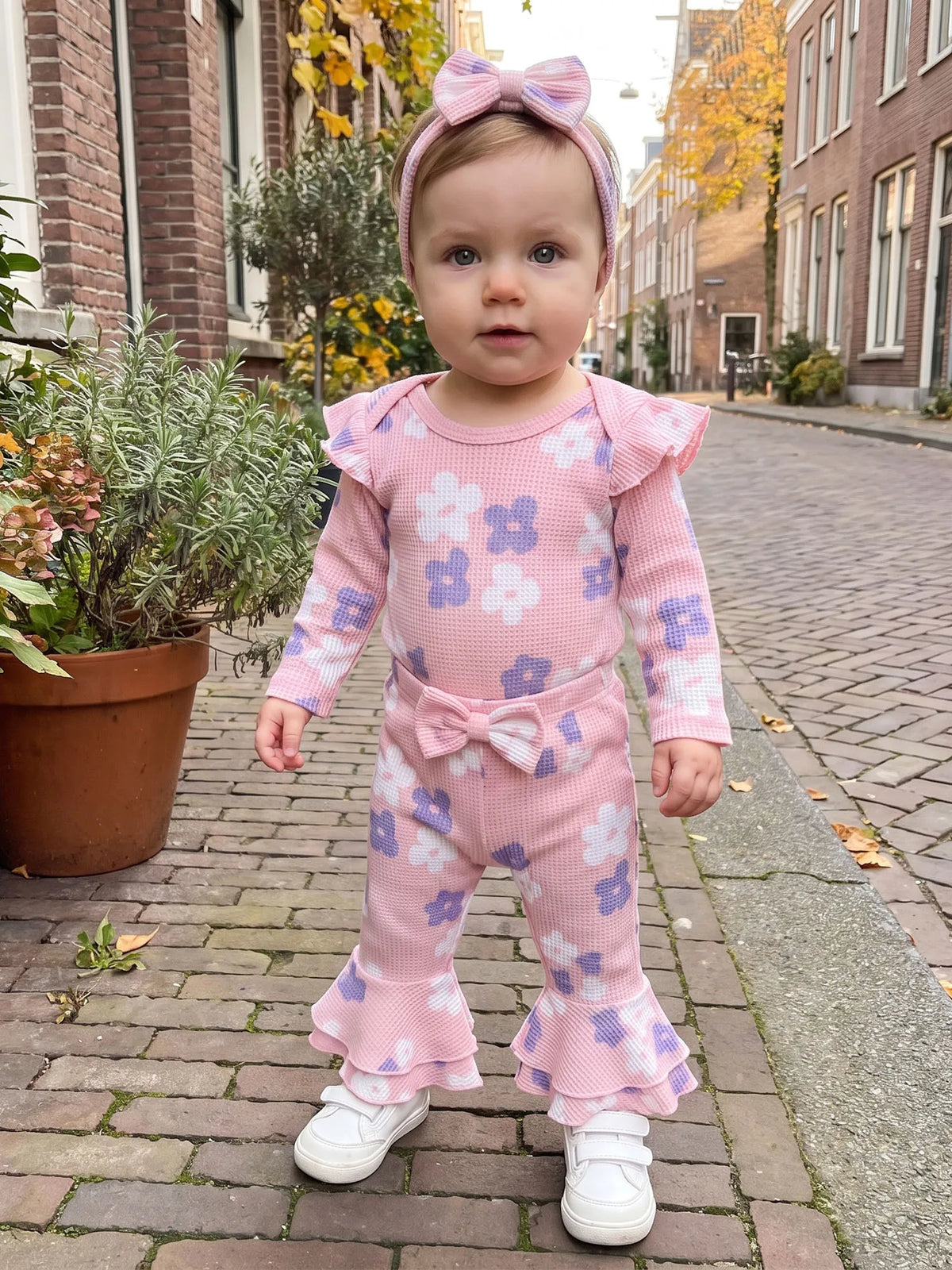 Sleeve Romper Sleeve-Romper-Flare Fall Flare-Pants-Headband Print Long Sleeve Outfits Flower Print Girl Fall Flower