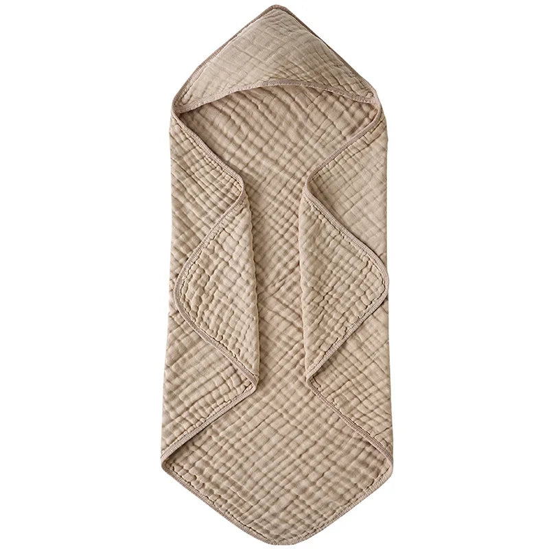 Solid Color 6-Layer Muslin Cotton Baby Bath Swaddle Blanket, Soft Breathable Hooded Towel for Newborns