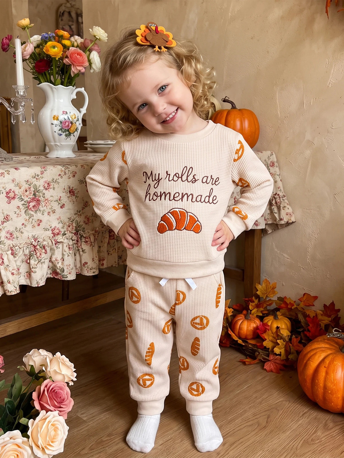 Sweatshirt 2 Pcs Set  Pants Baby Thanksgiving Bread Letter Sweatshirt Thanksgiving Outfit Bread Latest