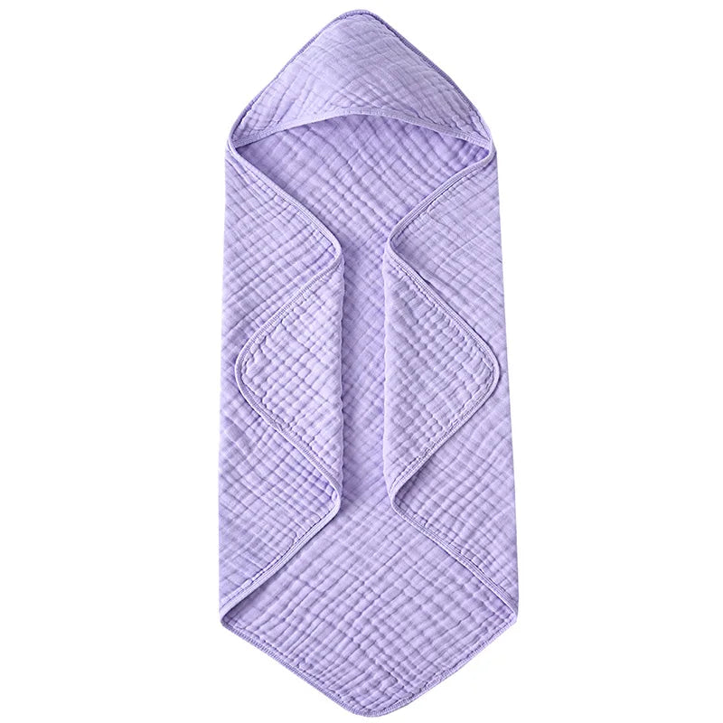 Solid Color 6-Layer Muslin Cotton Baby Bath Swaddle Blanket, Soft Breathable Hooded Towel for Newborns