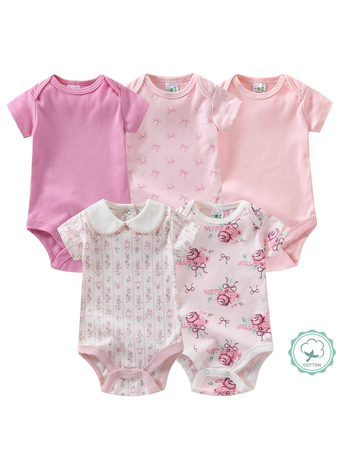 5pcs Set Baby Girl Short Sleeve Triangle One-Piece Jumpsuit, Cute Cartoon Romper, Spring Summer New Style Crawling Clothes, Baby Girl Clothing, Newborn Birth Supplies Baby Products, for Outdoor