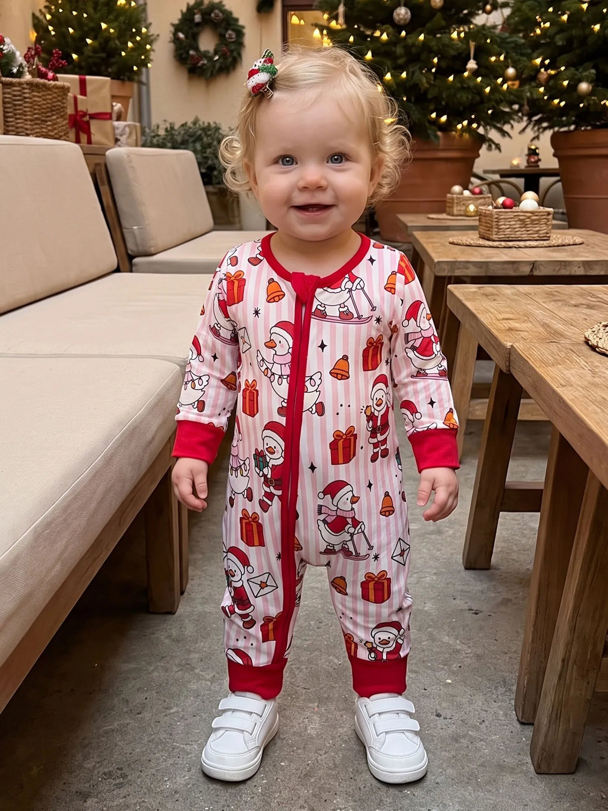 Front Zip Up Romper-Front Front Neck Long Striped-Crew Up Striped Crew Jumpsuit Long Baby Christmas Romper