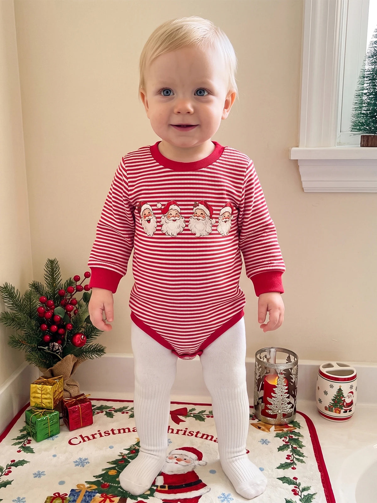 Crew Neck Christmas-Romper-Long Romper Long Sleeve Print Bodysuit Christmas Crew Neck Stripes Baby Lightweight Crew Neck