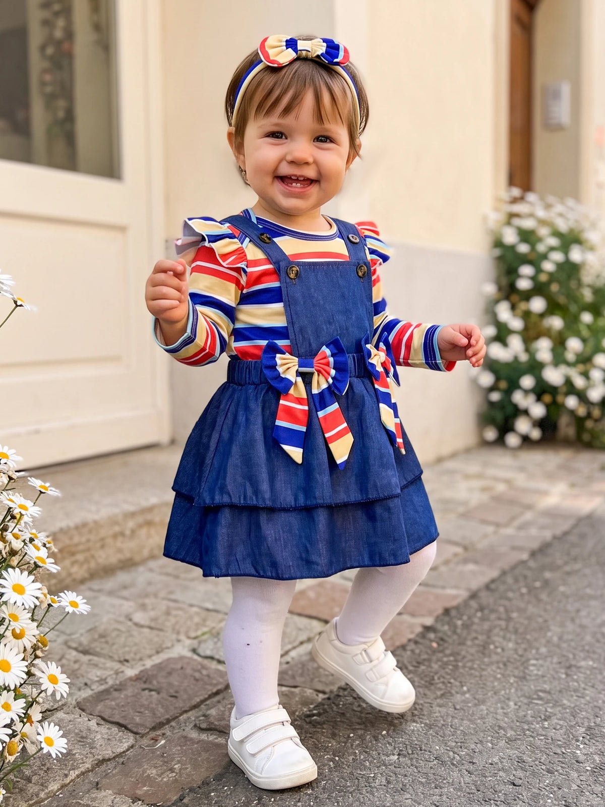 Fall-Outfit-Stripe Romper Outfit Stripe Long Sleeve Romper Headband Romper Bow Overall Bow Overall New