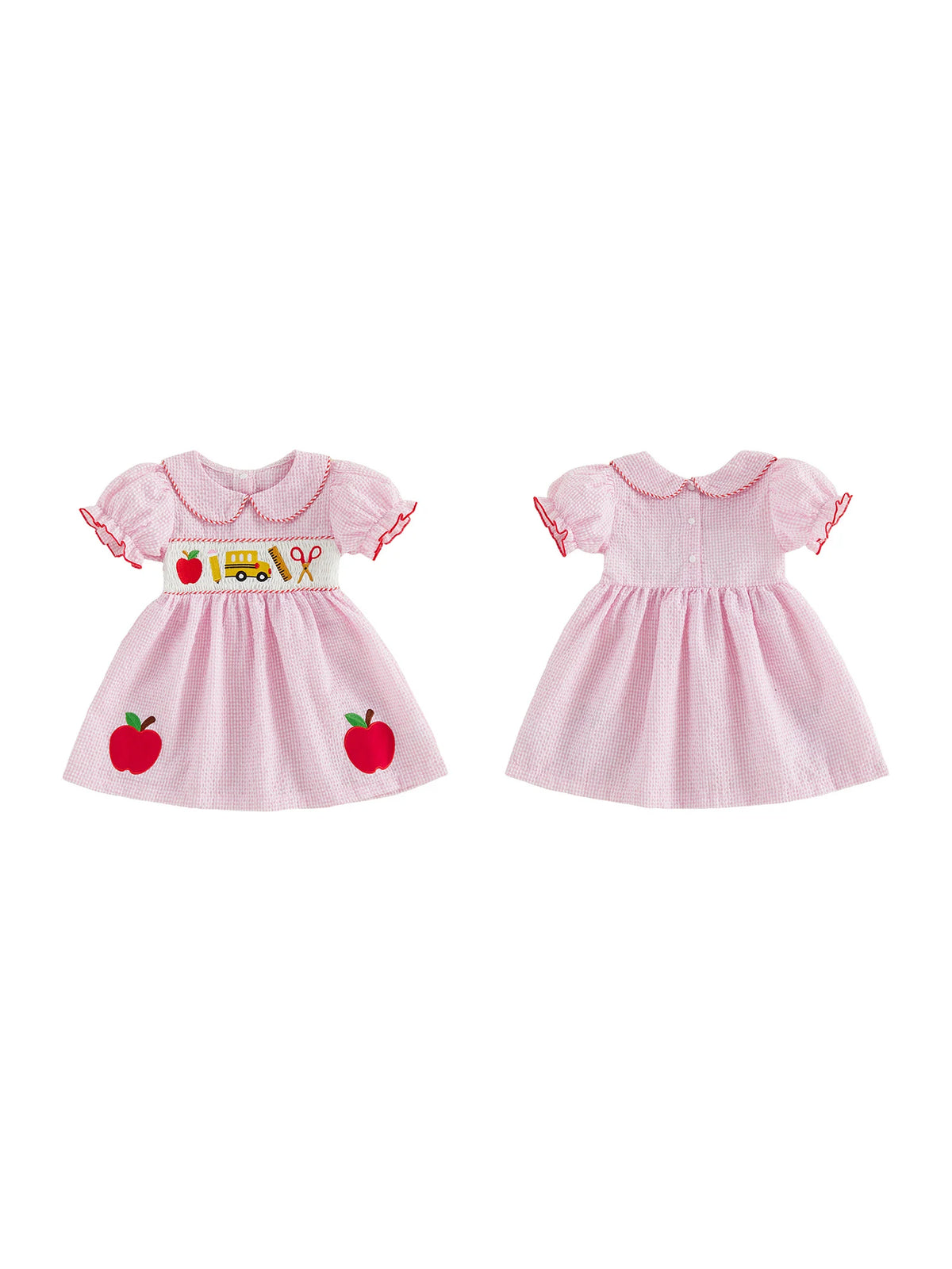 Girls Back to School Dress with Cute Apple Embroidery and Doll Collar Short Sleeve Toddler Summer Dress for Casual Wear