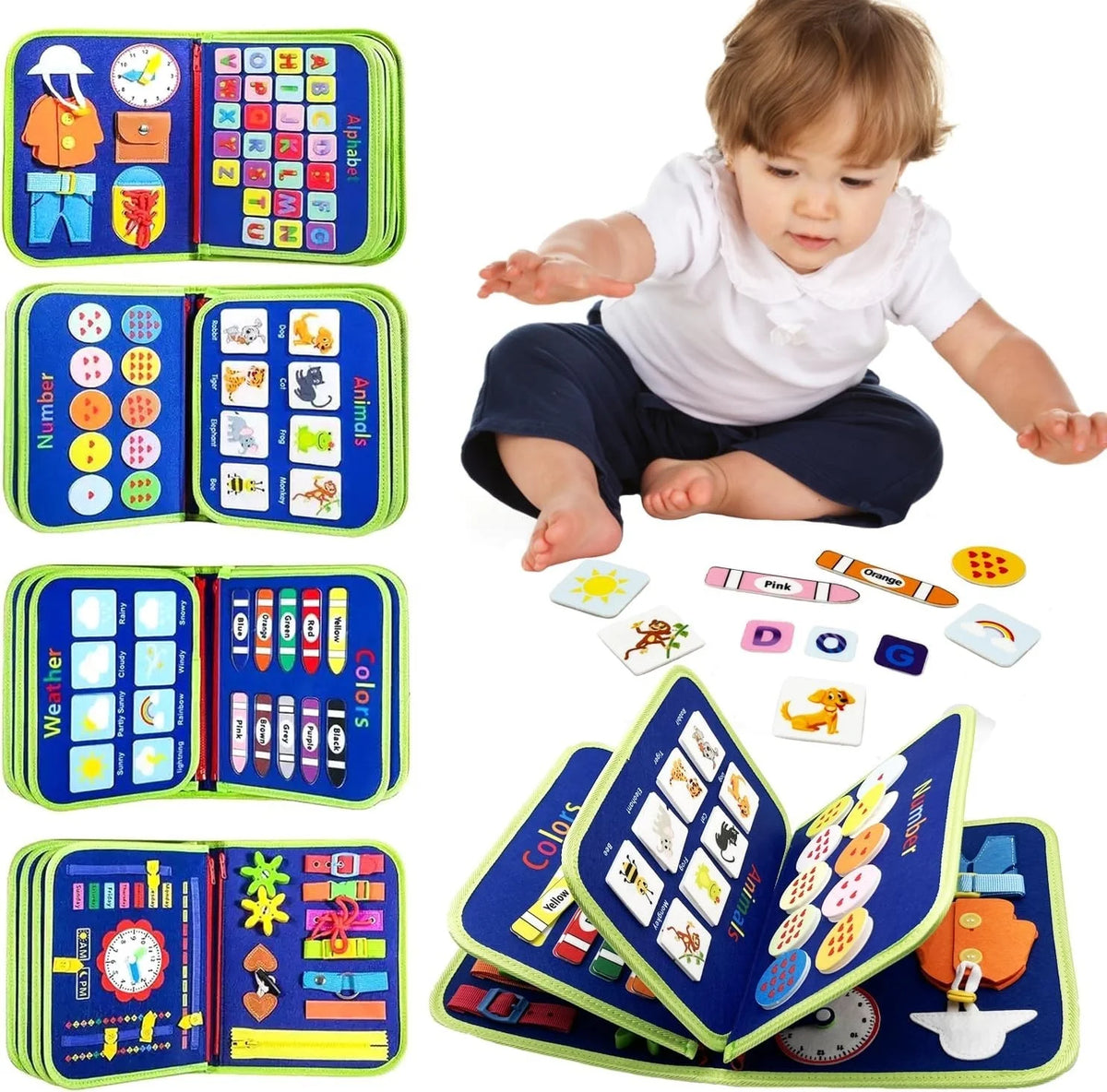 Blue Dinosaur Felt Quiet Busy Board for Toddlers, Life Skill Zip Dress Button Activity Book, Alphabet Number Shape Animal Weather Color Matching Travel Sensory Educational Toy Gift for Little Boys
