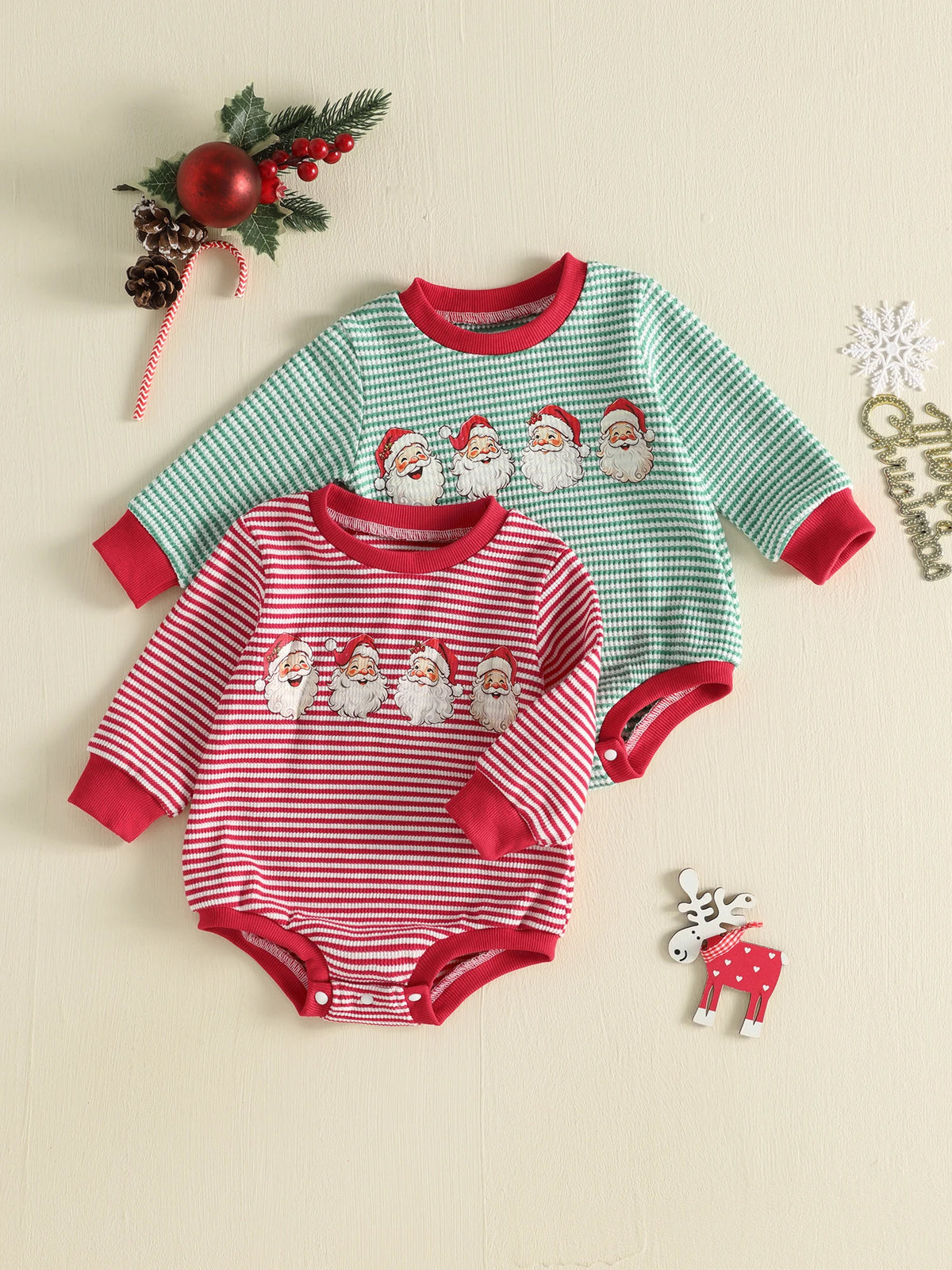 Crew Neck Christmas-Romper-Long Romper Long Sleeve Print Bodysuit Christmas Crew Neck Stripes Baby Lightweight Crew Neck