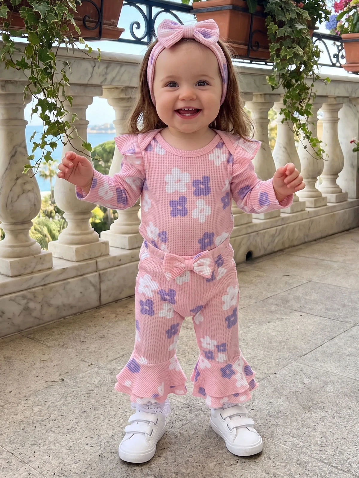 Sleeve Romper Sleeve-Romper-Flare Fall Flare-Pants-Headband Print Long Sleeve Outfits Flower Print Girl Fall Flower