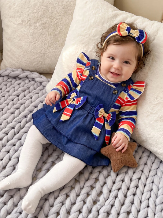 Fall-Outfit-Stripe Romper Outfit Stripe Long Sleeve Romper Headband Romper Bow Overall Bow Overall New