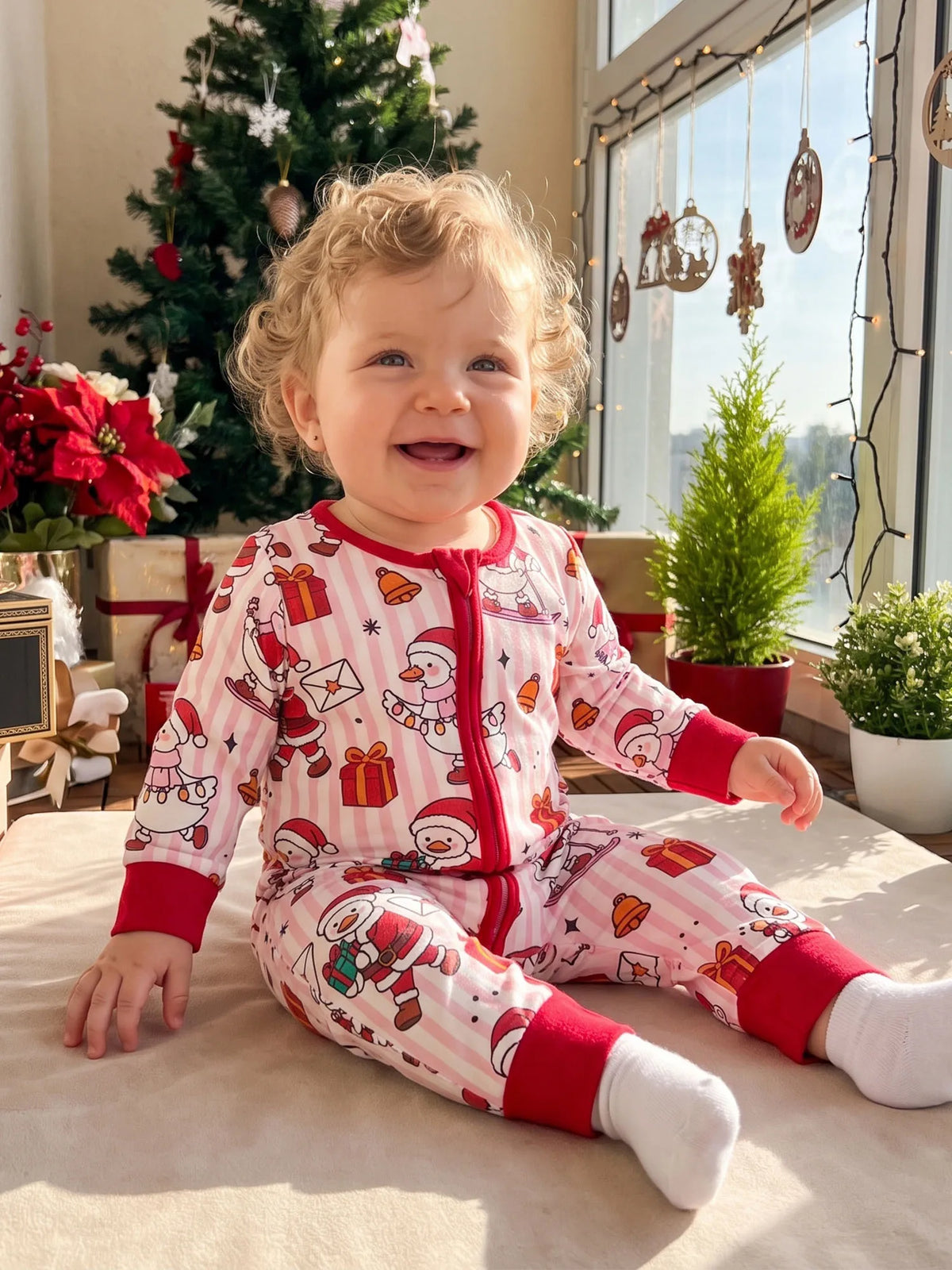 Front Zip Up Romper-Front Front Neck Long Striped-Crew Up Striped Crew Jumpsuit Long Baby Christmas Romper