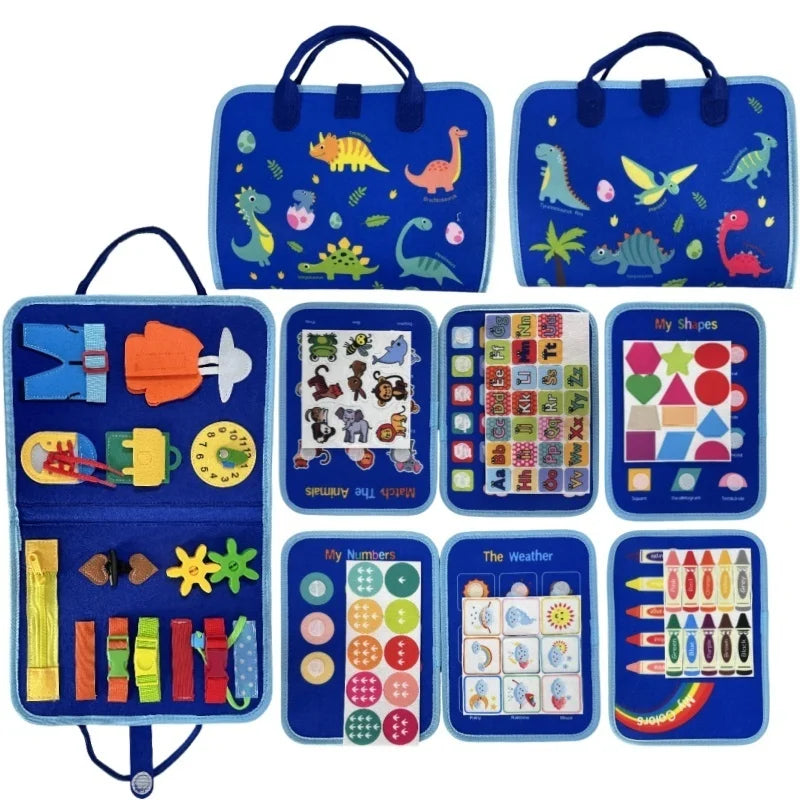 Blue Dinosaur Felt Quiet Busy Board for Toddlers, Life Skill Zip Dress Button Activity Book, Alphabet Number Shape Animal Weather Color Matching Travel Sensory Educational Toy Gift for Little Boys