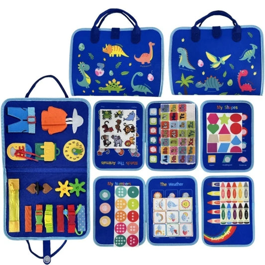 Blue Dinosaur Felt Quiet Busy Board for Toddlers, Life Skill Zip Dress Button Activity Book, Alphabet Number Shape Animal Weather Color Matching Travel Sensory Educational Toy Gift for Little Boys