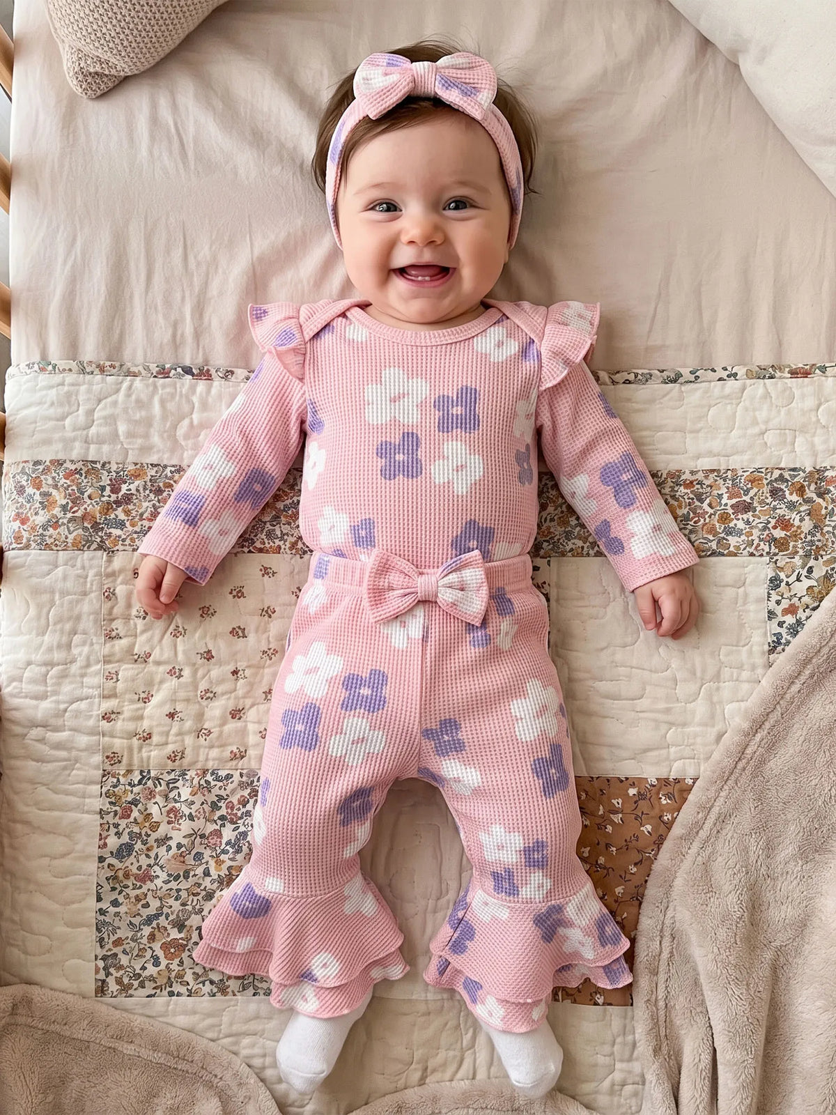 Sleeve Romper Sleeve-Romper-Flare Fall Flare-Pants-Headband Print Long Sleeve Outfits Flower Print Girl Fall Flower