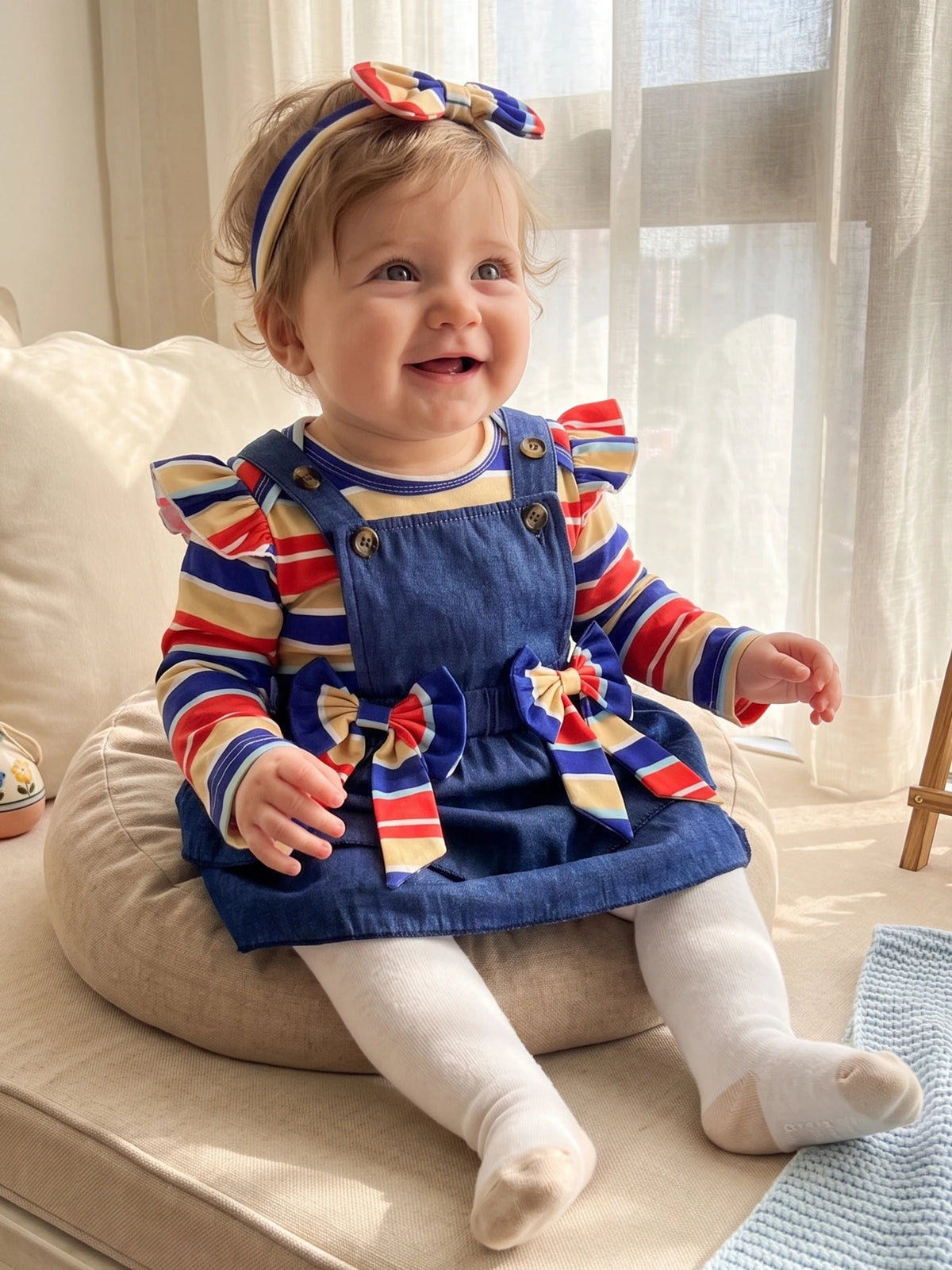 Fall-Outfit-Stripe Romper Outfit Stripe Long Sleeve Romper Headband Romper Bow Overall Bow Overall New