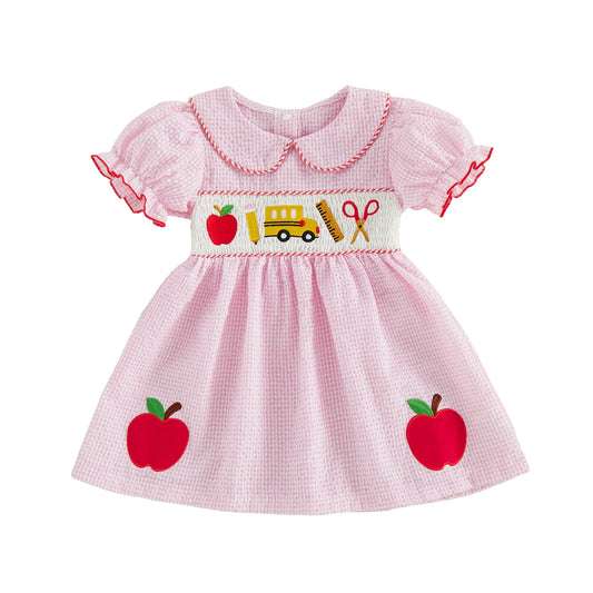 Girls Back to School Dress with Cute Apple Embroidery and Doll Collar Short Sleeve Toddler Summer Dress for Casual Wear