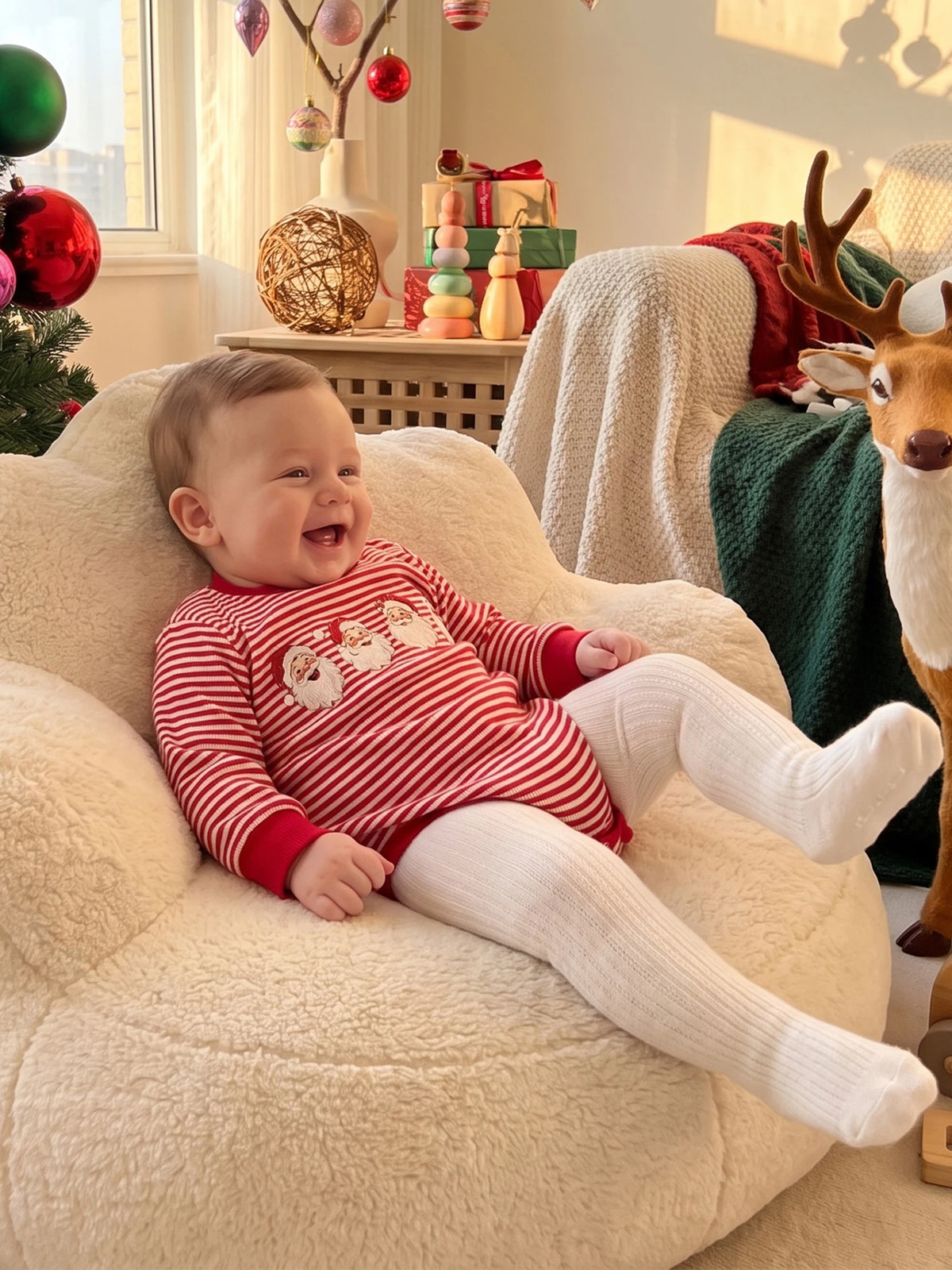 Crew Neck Christmas-Romper-Long Romper Long Sleeve Print Bodysuit Christmas Crew Neck Stripes Baby Lightweight Crew Neck