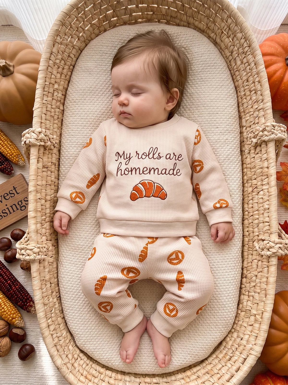 Sweatshirt 2 Pcs Set  Pants Baby Thanksgiving Bread Letter Sweatshirt Thanksgiving Outfit Bread Latest