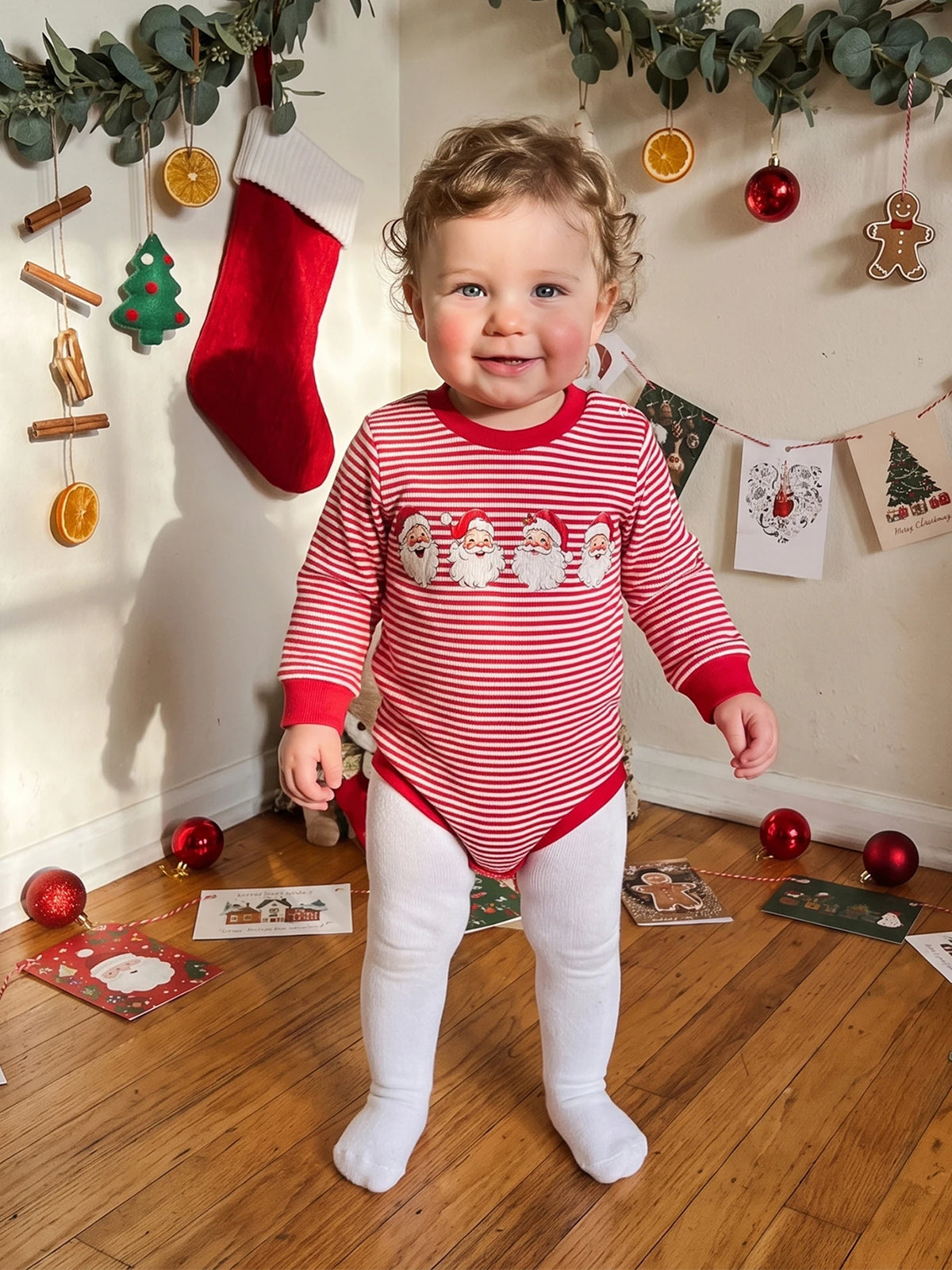 Crew Neck Christmas-Romper-Long Romper Long Sleeve Print Bodysuit Christmas Crew Neck Stripes Baby Lightweight Crew Neck