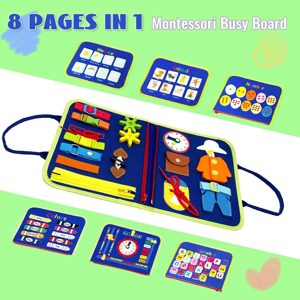Blue Dinosaur Felt Quiet Busy Board for Toddlers, Life Skill Zip Dress Button Activity Book, Alphabet Number Shape Animal Weather Color Matching Travel Sensory Educational Toy Gift for Little Boys