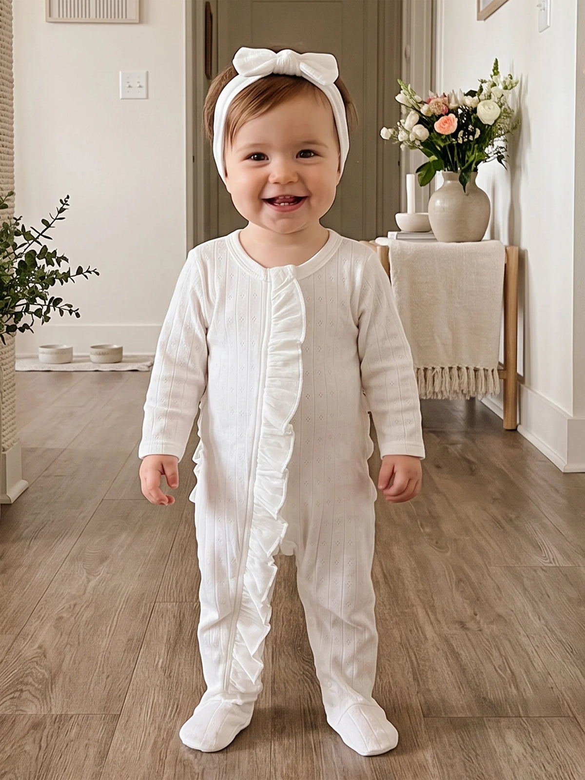 Girl-Footie-Pajamas Romper Pajamas Eyelet Ruffled Baby Girl Footie Ruffled Long Eyelet-Ruffled Sleeve Romper Headband Long