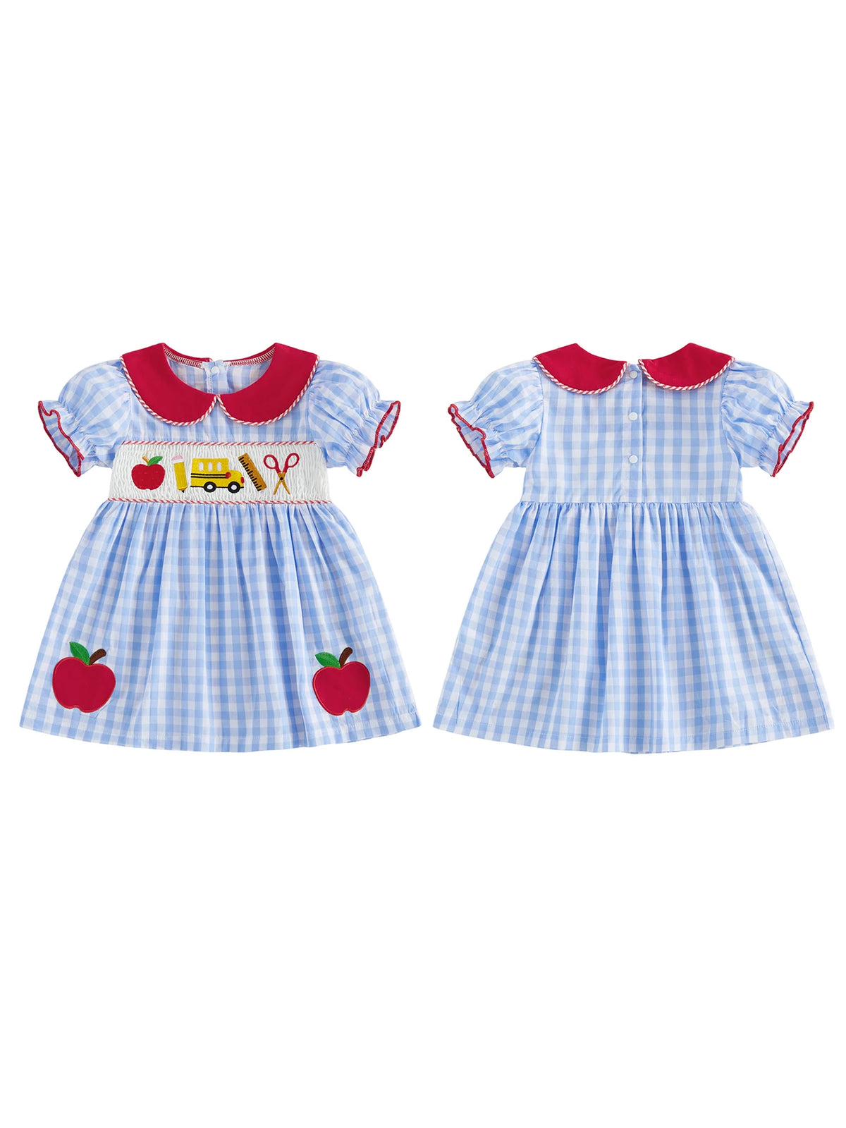 Girls Back to School Dress with Cute Apple Embroidery and Doll Collar Short Sleeve Toddler Summer Dress for Casual Wear
