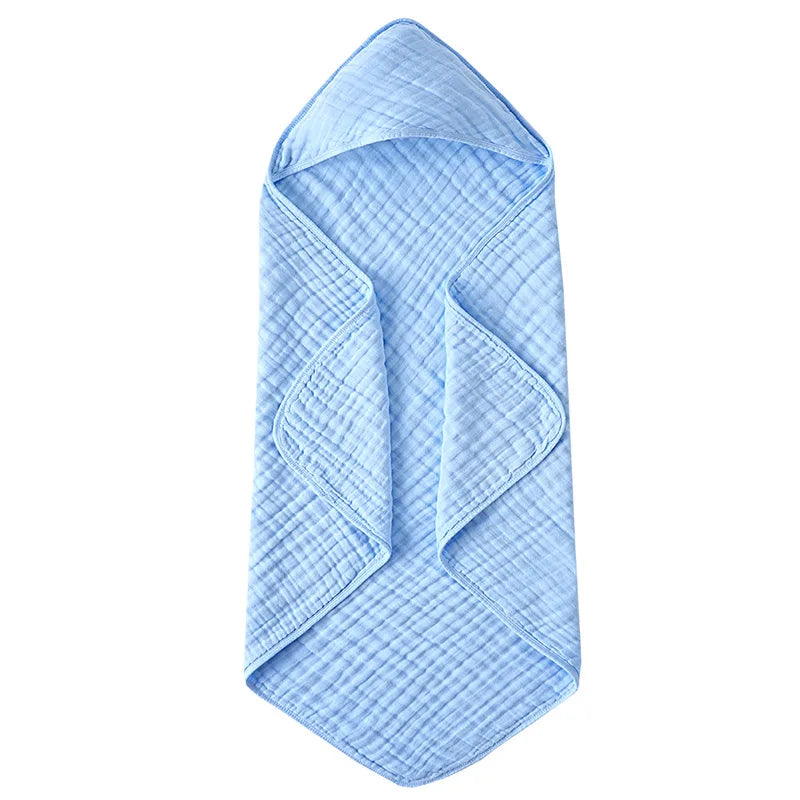 Solid Color 6-Layer Muslin Cotton Baby Bath Swaddle Blanket, Soft Breathable Hooded Towel for Newborns
