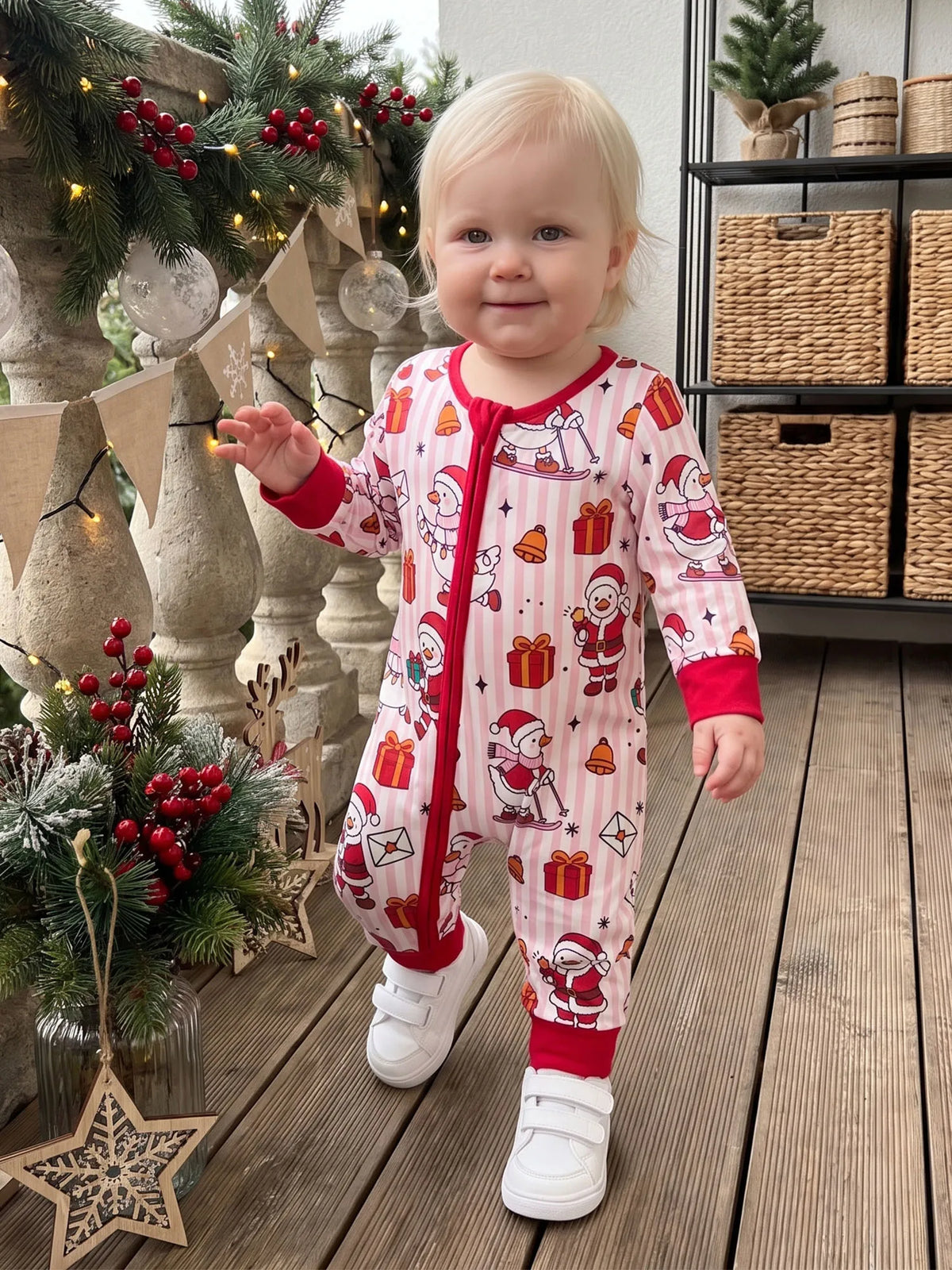 Front Zip Up Romper-Front Front Neck Long Striped-Crew Up Striped Crew Jumpsuit Long Baby Christmas Romper