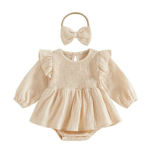 Dress- -Bow Girl Outfits Baby Girl Bow-Headband Romper Dress Outfits Long Sleeve Romper Dress Dress- -Bow Girl Outfits