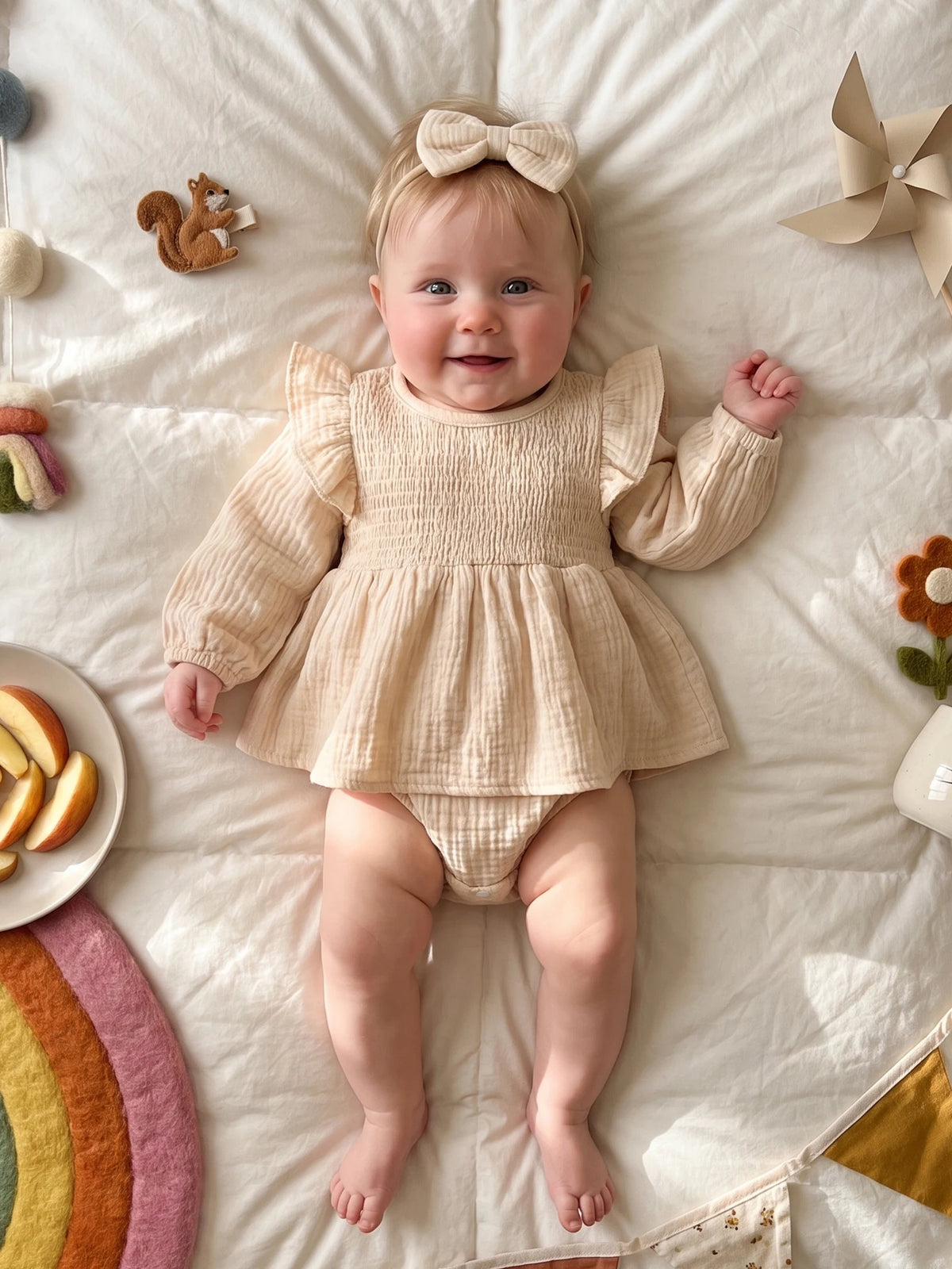 Dress- -Bow Girl Outfits Baby Girl Bow-Headband Romper Dress Outfits Long Sleeve Romper Dress Dress- -Bow Girl Outfits