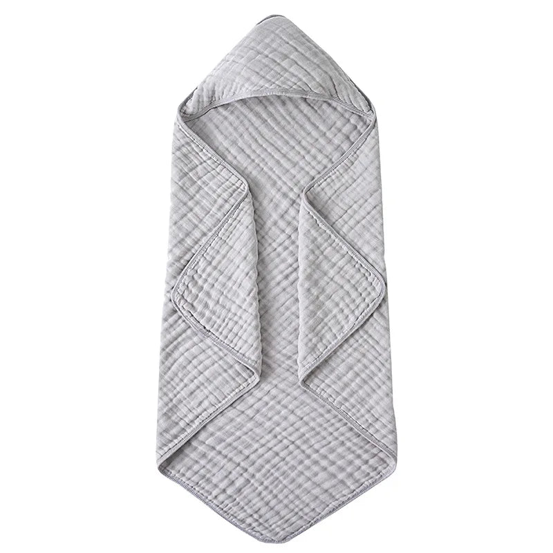 Solid Color 6-Layer Muslin Cotton Baby Bath Swaddle Blanket, Soft Breathable Hooded Towel for Newborns