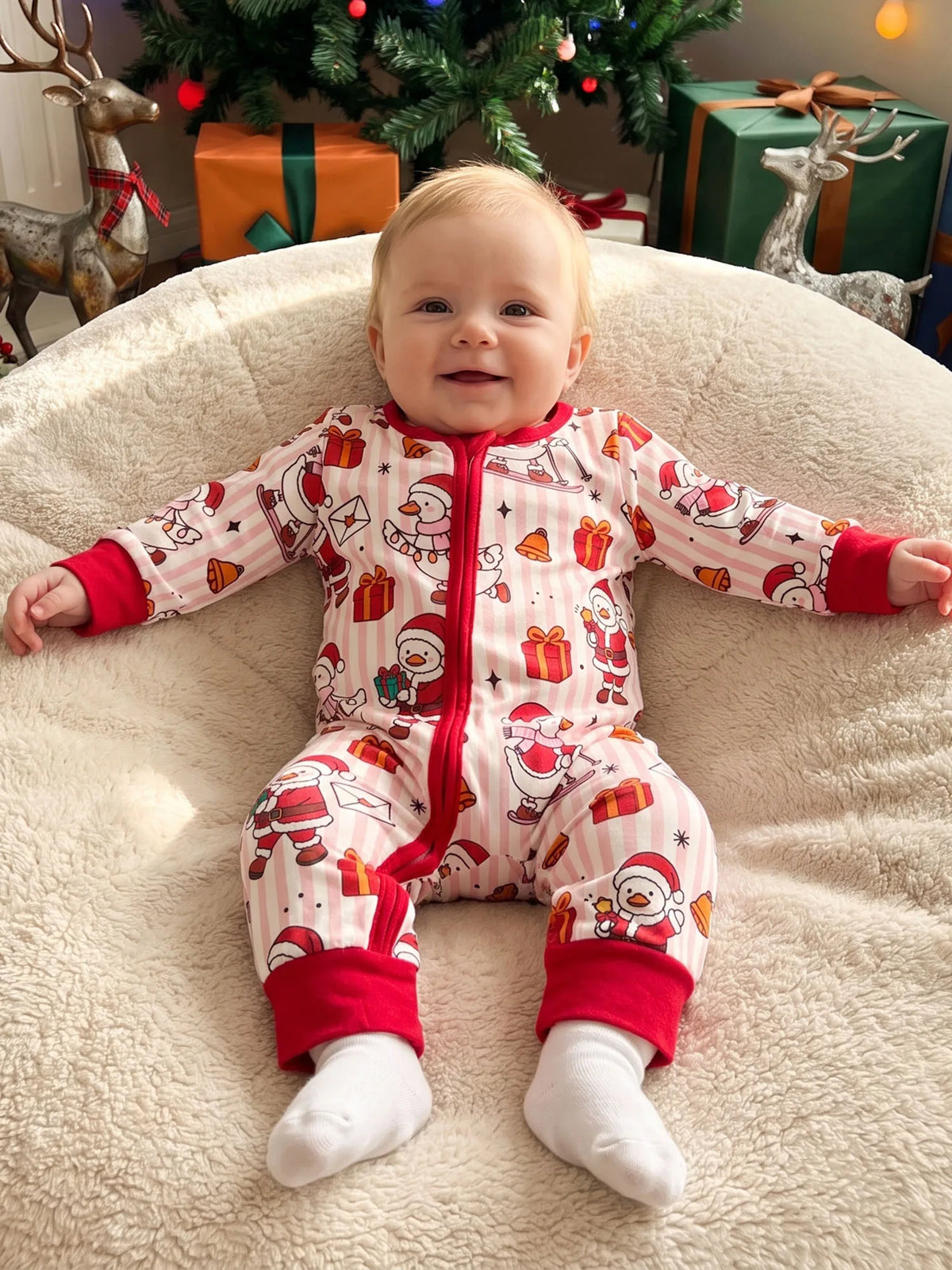 Front Zip Up Romper-Front Front Neck Long Striped-Crew Up Striped Crew Jumpsuit Long Baby Christmas Romper