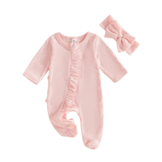 Girl-Footie-Pajamas Romper Pajamas Eyelet Ruffled Baby Girl Footie Ruffled Long Eyelet-Ruffled Sleeve Romper Headband Long
