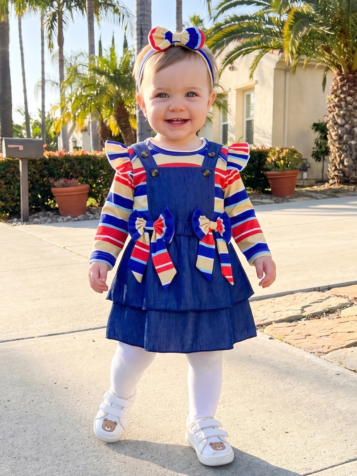 Fall-Outfit-Stripe Romper Outfit Stripe Long Sleeve Romper Headband Romper Bow Overall Bow Overall New