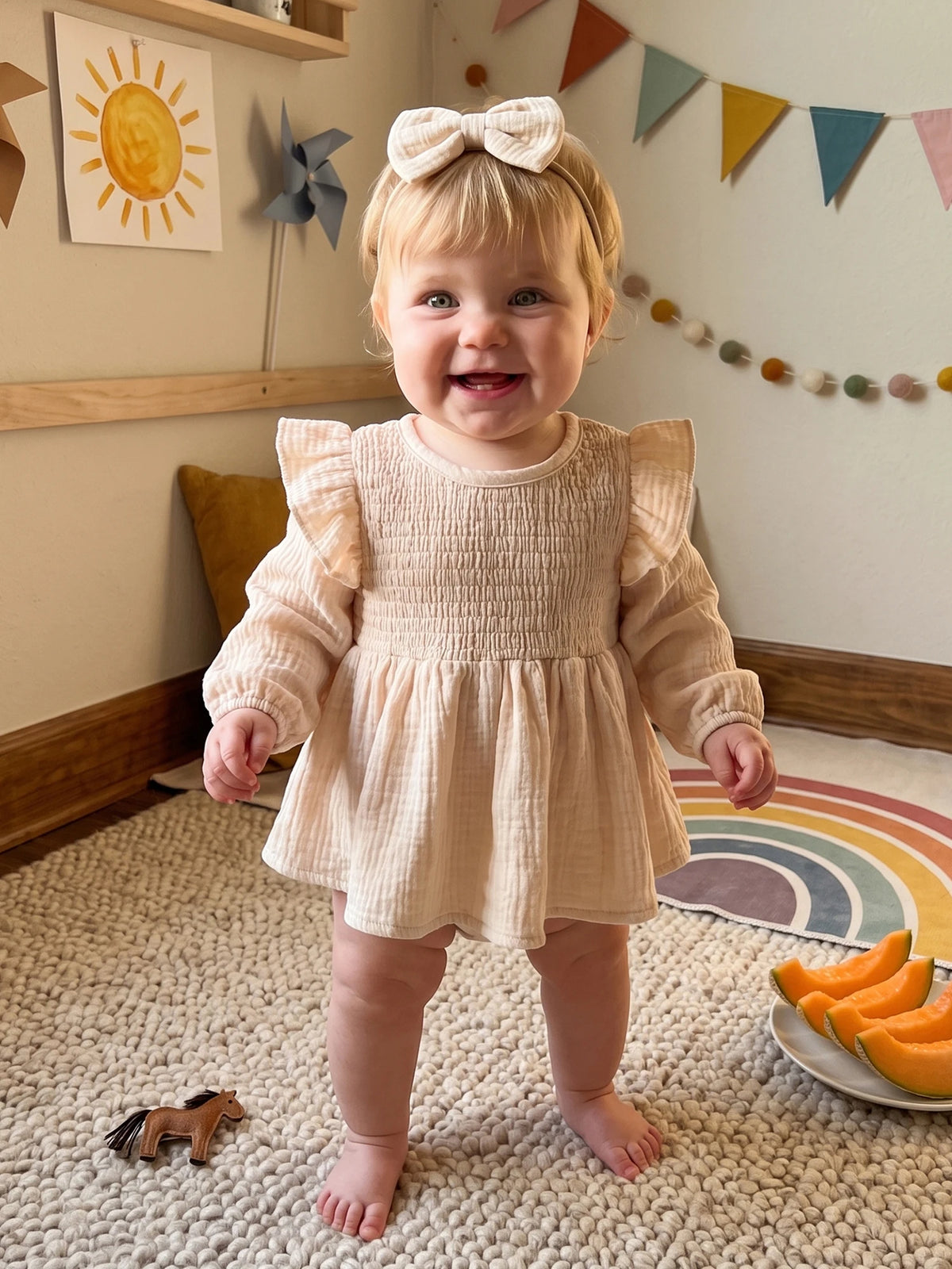 Dress- -Bow Girl Outfits Baby Girl Bow-Headband Romper Dress Outfits Long Sleeve Romper Dress Dress- -Bow Girl Outfits