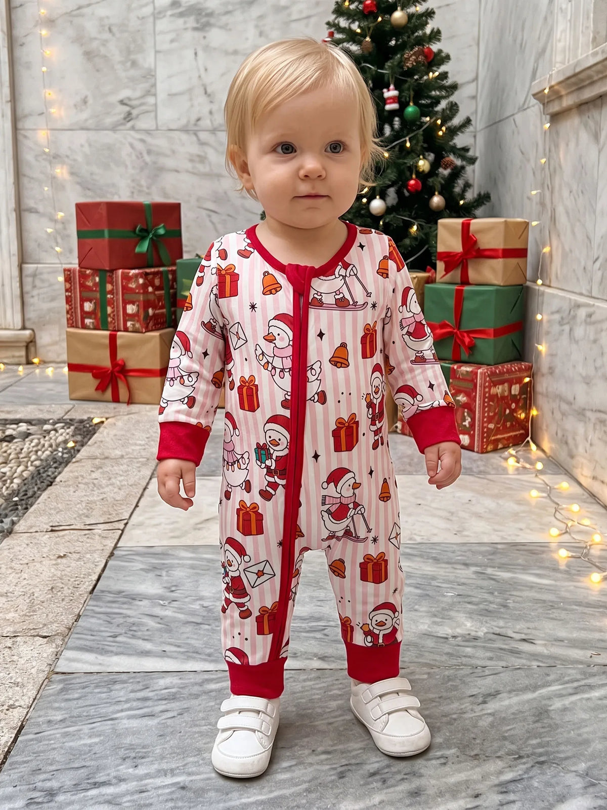 Front Zip Up Romper-Front Front Neck Long Striped-Crew Up Striped Crew Jumpsuit Long Baby Christmas Romper