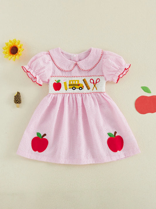 Girls Back to School Dress with Cute Apple Embroidery and Doll Collar Short Sleeve Toddler Summer Dress for Casual Wear