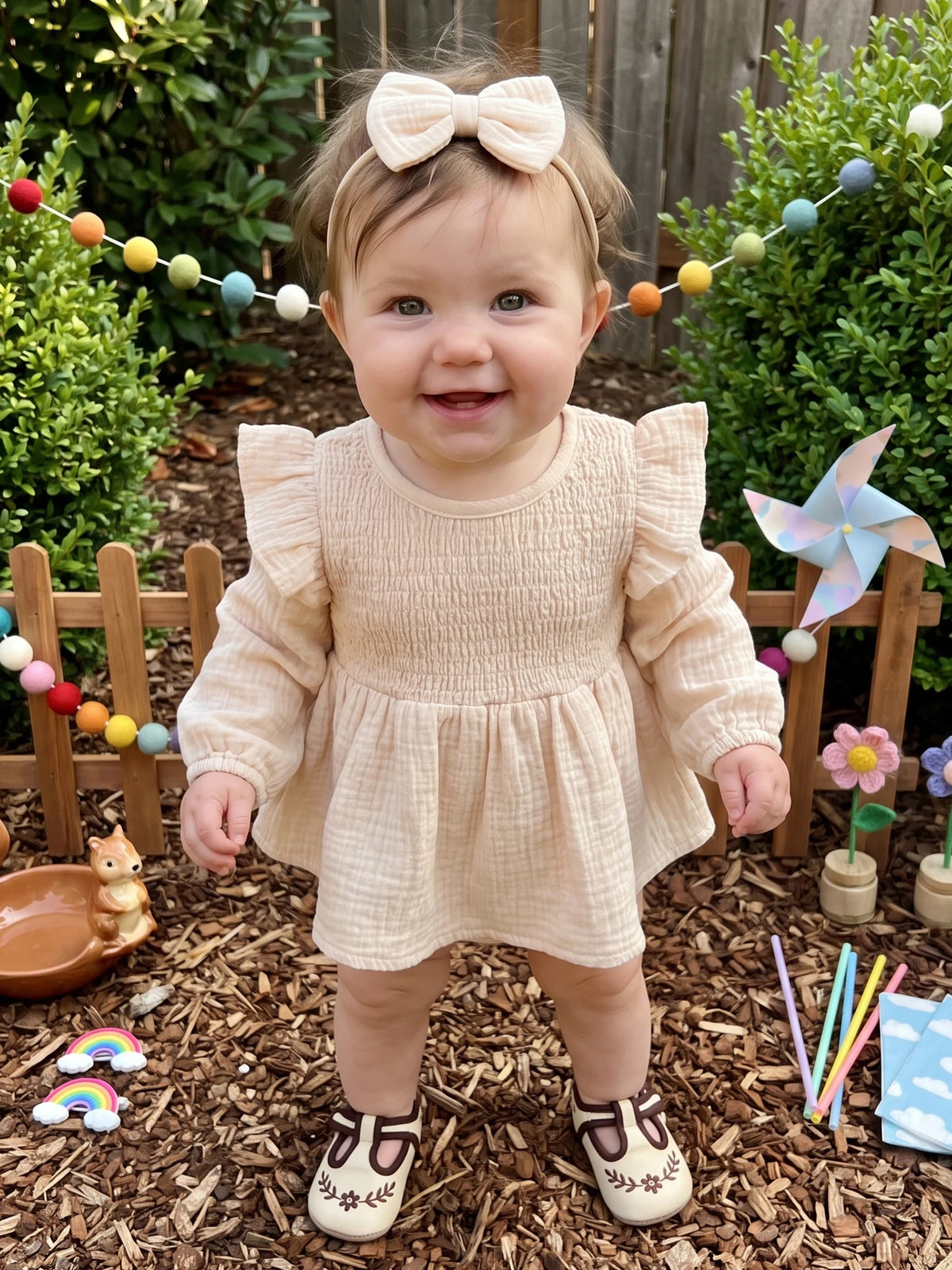 Dress- -Bow Girl Outfits Baby Girl Bow-Headband Romper Dress Outfits Long Sleeve Romper Dress Dress- -Bow Girl Outfits