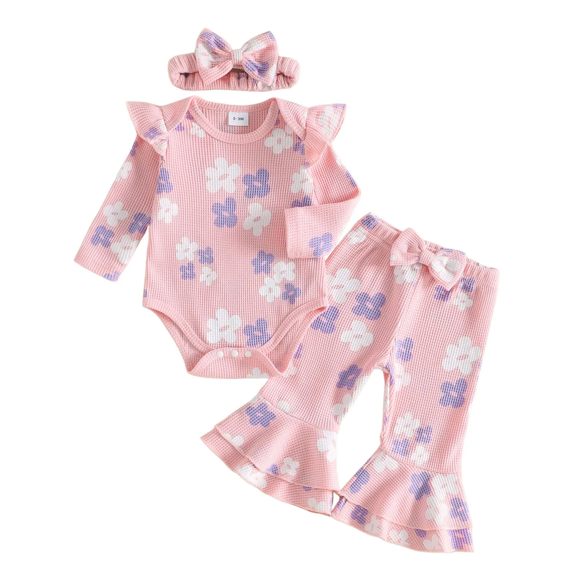Sleeve Romper Sleeve-Romper-Flare Fall Flare-Pants-Headband Print Long Sleeve Outfits Flower Print Girl Fall Flower