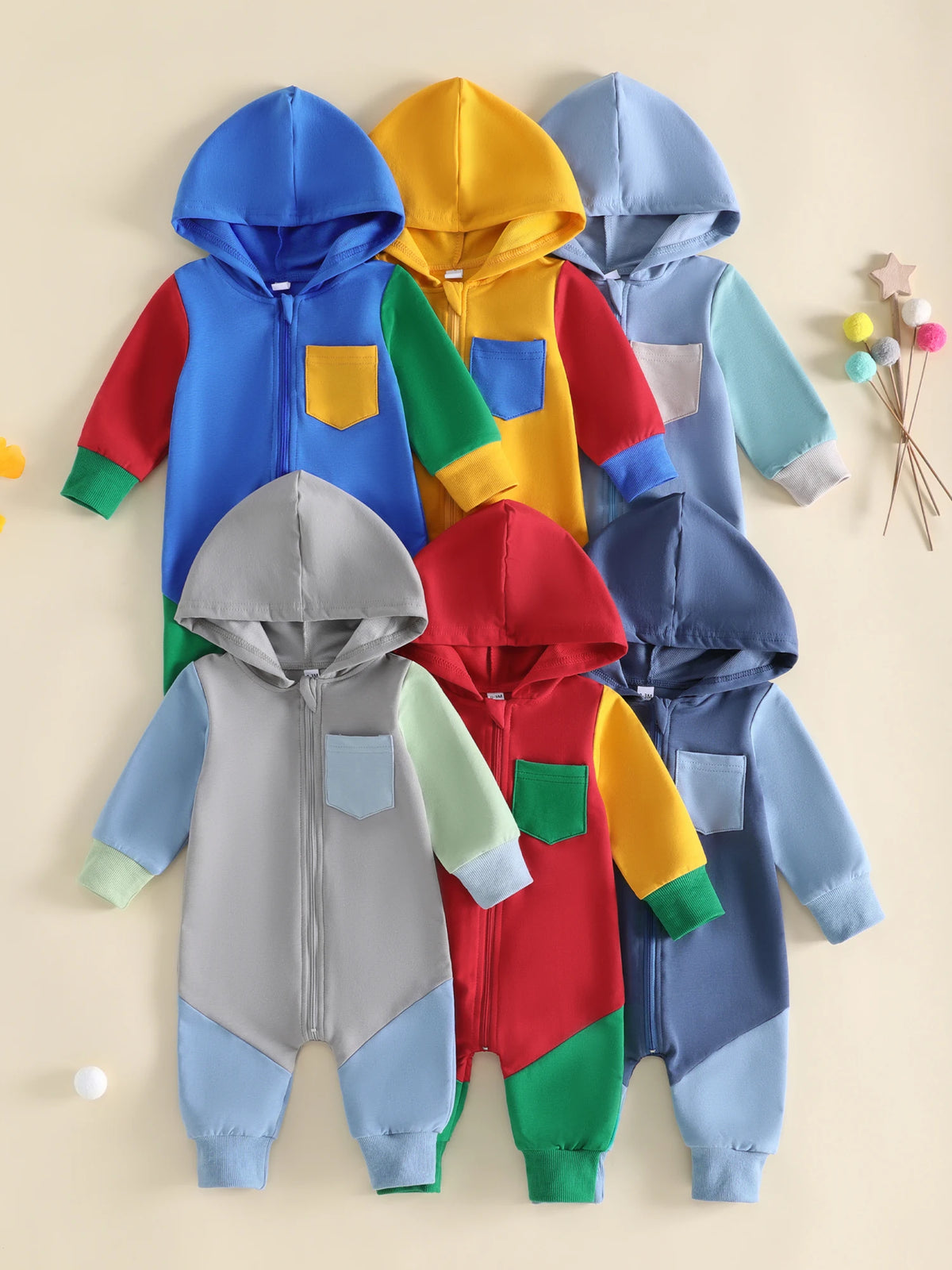 Jumpsuit Casual Sleeve Contrast Color Contrast Baby Hooded Sleeve Long Sleeve Color Hooded Jumpsuit Casual Sleeve Contrast